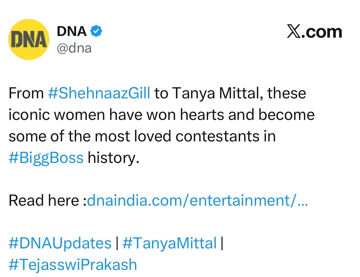 walterwhitezzz's tweet image. DNA lists @itanyamittal as one of the most LOVED contestant in #BiggBoss history 🔥

Link: dnaindia.com/entertainment/…

#TanyaMittal