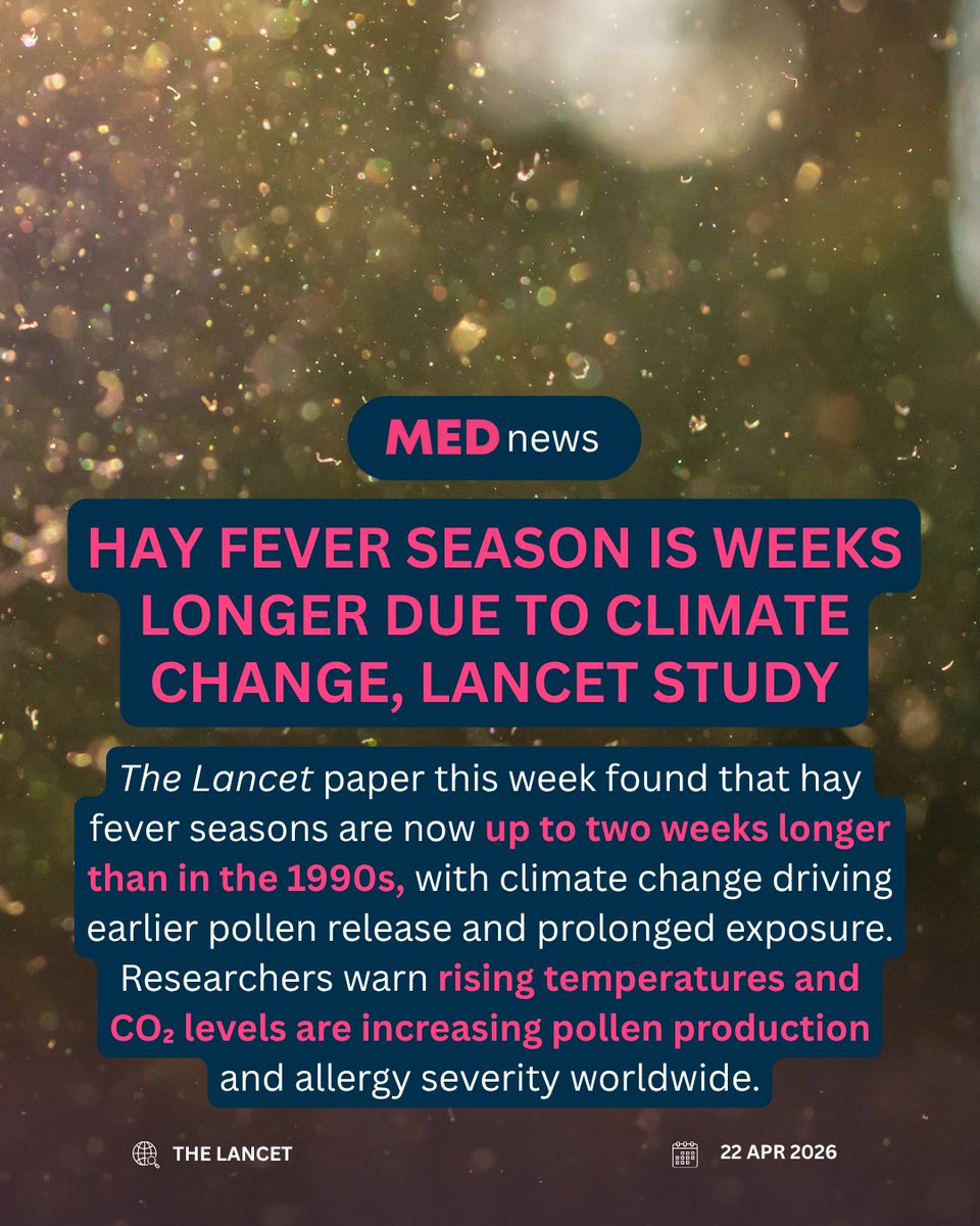 MEDtriagex's tweet image. 🌼 Lancet paper finds hay fever seasons are now up to 2 weeks longer than in the 1990s, driven by rising temperatures and CO₂ levels. Experts warn pollen exposure is increasing in both duration and intensity. 🔗 thelancet.com/journals/lance… #HealthNews #ClimateChange #PublicHealth