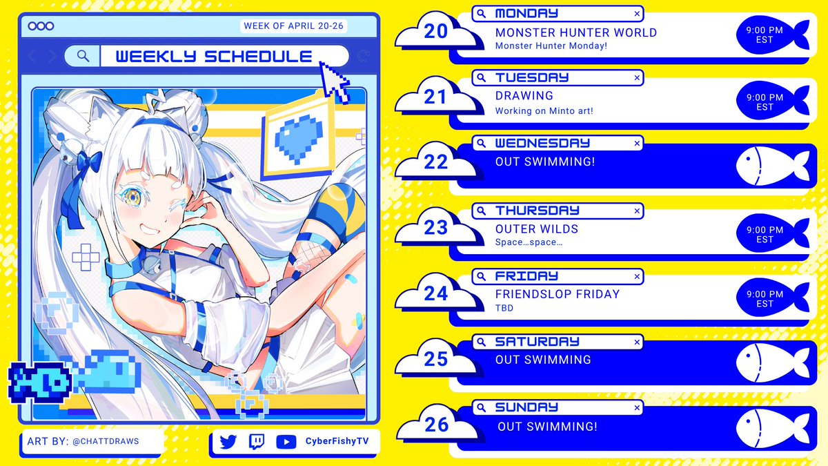 CyberFishyTV's tweet photo. Pretend I posted this on Monday, okay?? 😋

.˚🫧⋆｡˚ Schedule April 20-26˚｡⋆🫧˚.

🐟 General ⇢ #CyberFishyTV
🎨 Art ⇢ #DrawFishy
▶️ Live ⇢ #FishyOnTV https://t.co/kgvHsaD3bN