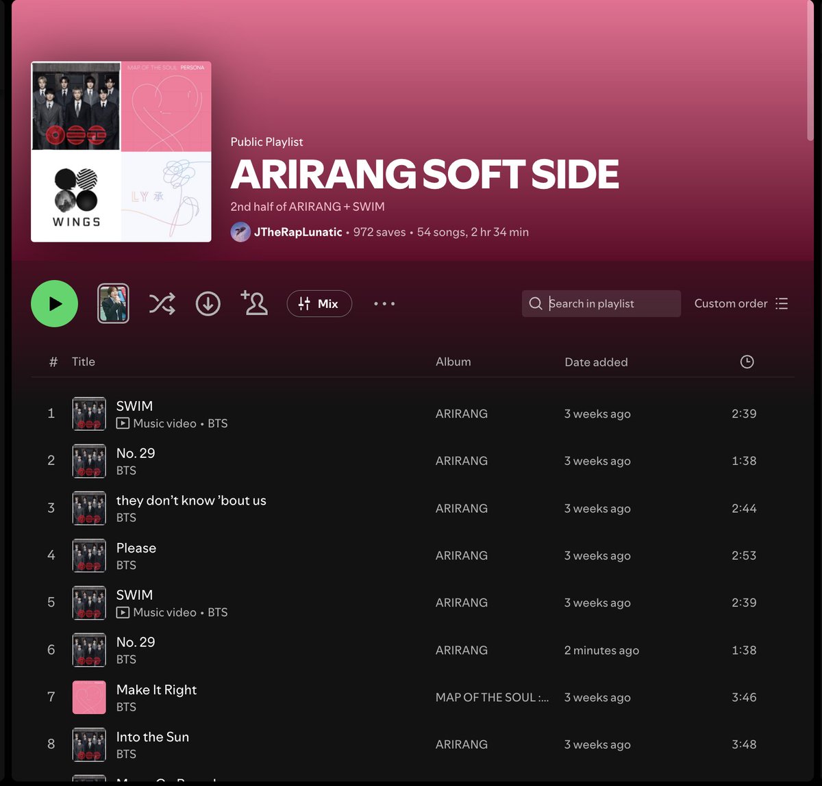 This playlist has 11x SWIMs and 12xNo.29 + the second half of ARIRANG.
We don't put baby in the corner in this fandom, let's get her to 100M at a good pace too. 😋
open.spotify.com/playlist/6EM8a…