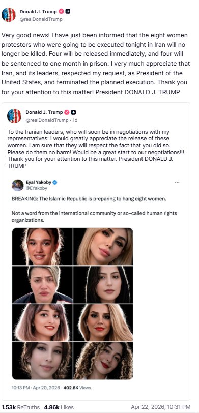US President Donald Trump posts on his Truth Social, "Very good news! I have just been informed that the eight women protestors who were going to be executed tonight in Iran will no longer be killed. Four will be released immediately, and four will be sentenced to one month in