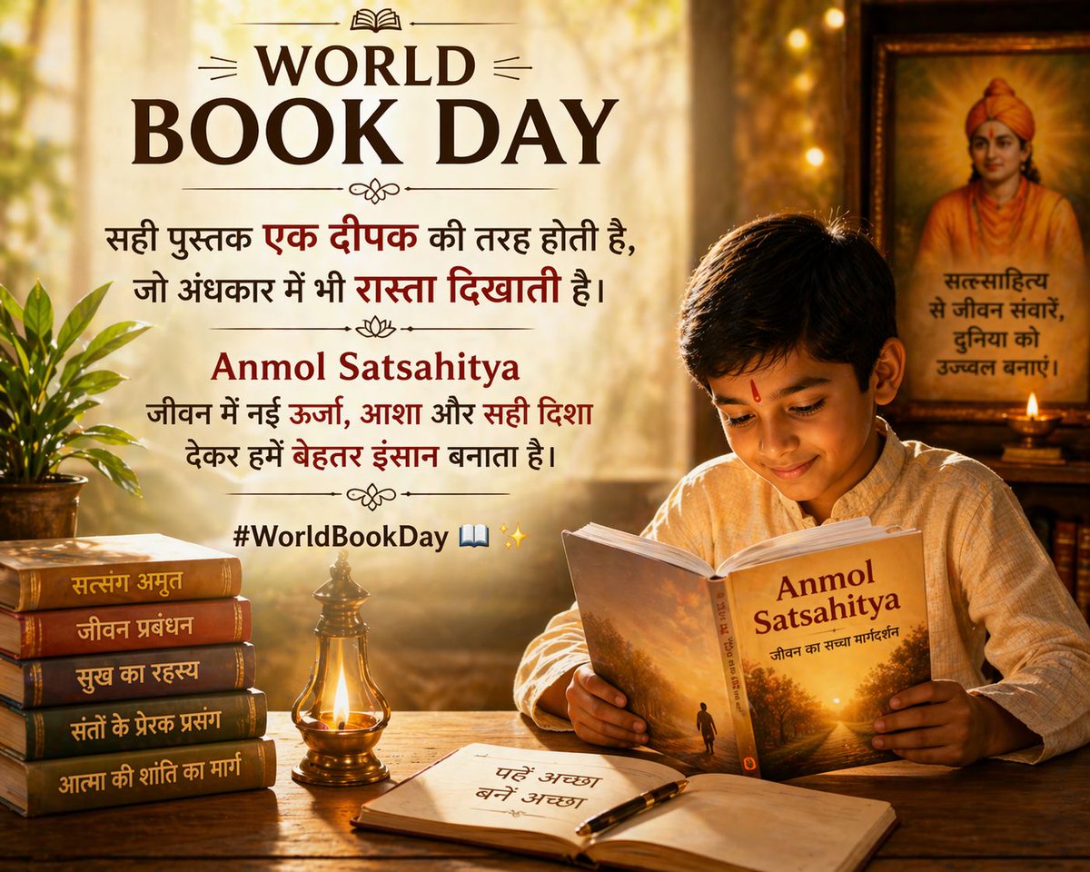 makarandmsgs's tweet image. सही पुस्तक एक दीपक की तरह होती है, जो अंधकार में भी रास्ता दिखाती है। Anmol Satsahitya जीवन में नई ऊर्जा, आशा और सही दिशा देकर हमें बेहतर इंसान बनाता है। #WorldBookDay 📖✨
