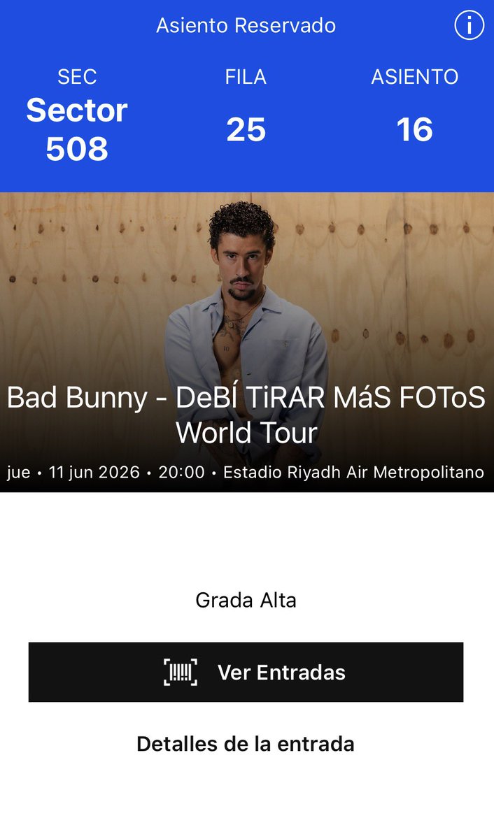 sanroo23's tweet photo. VENDO ENTRADA BAD BUNNY DIA 11 DE JUNIO EN MADRID!!! #badbunny #dtmf #badbunnymadrid https://t.co/DIxB1dzIvf