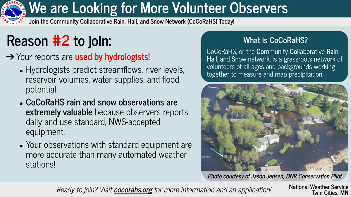 NWSTwinCities's tweet image. We are actively recruiting new observers for the Community Collaborative Rain, Hail, and Snow Network (CoCoRaHS). 

Need that extra push to join? Check out these four reasons why you should! 

If you're interested in joining, go to cocorahs.org today! 

#MNwx #WIwx