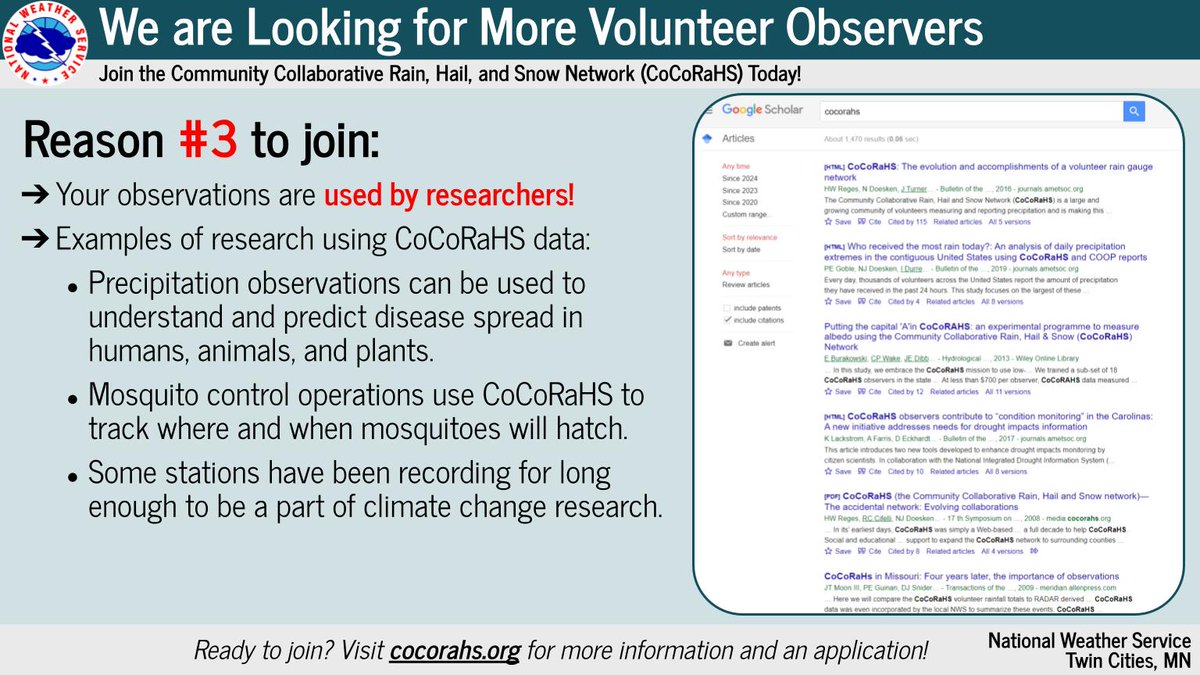 NWSTwinCities's tweet image. We are actively recruiting new observers for the Community Collaborative Rain, Hail, and Snow Network (CoCoRaHS). 

Need that extra push to join? Check out these four reasons why you should! 

If you're interested in joining, go to cocorahs.org today! 

#MNwx #WIwx