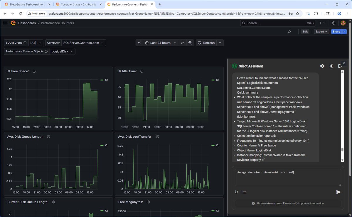 silect's tweet image. Coming soon!! Our new free #Grafana Dashboards for SCOM will have built in support for the new Silect Assistant. Visualize and ask questions about your #SCOM data then make monitoring changes on the fly!
