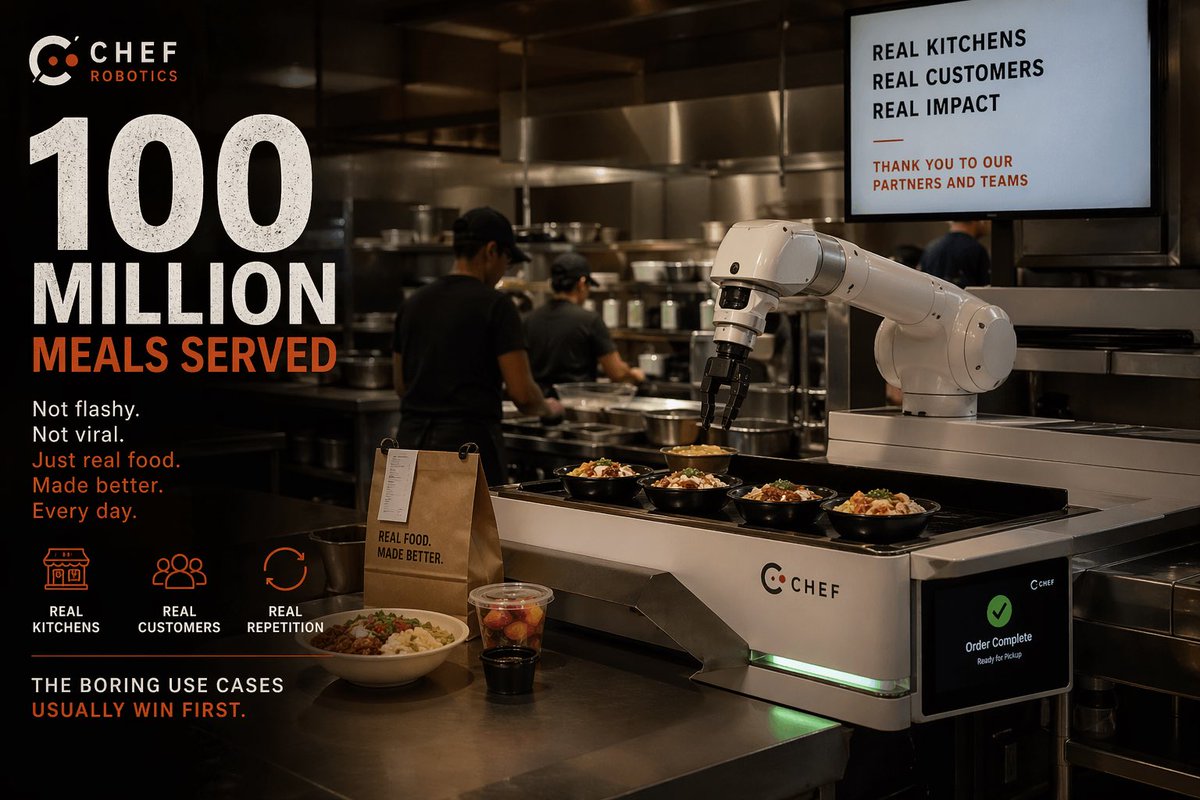 mlcka3i's tweet photo. Chef Robotics just quietly hit 100 million meals served.

That's the thing about food service robotics it doesn't go viral like humanoid factory demos, but it's already eating the market. Real kitchens, real customers, real repetition.

The boring use cases usually win first. https://t.co/jJ1x6MbFcL