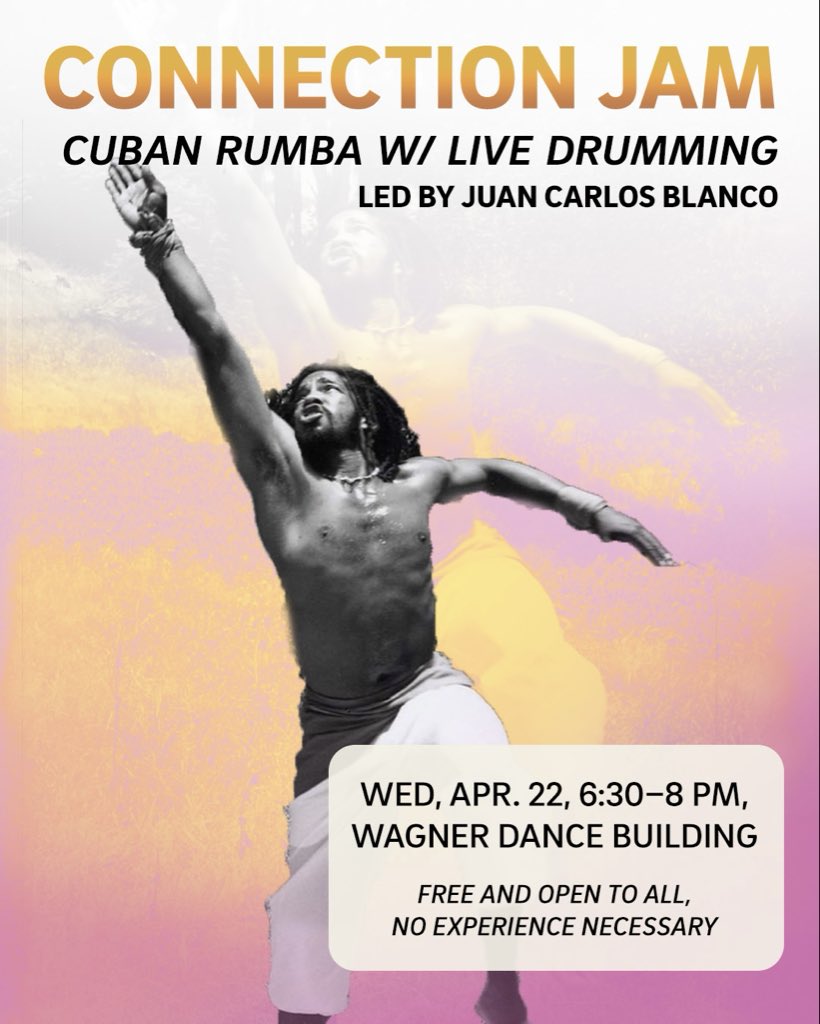 Today, Connection Jam is led by Juan Carlos Blanco, featuring live drumming! 🥁

Join us for an evening of Cuban Rumba from 6:30 - 8pm at the Wagner Dance Building.

Free &amp; Open To All
No Experience Necessary