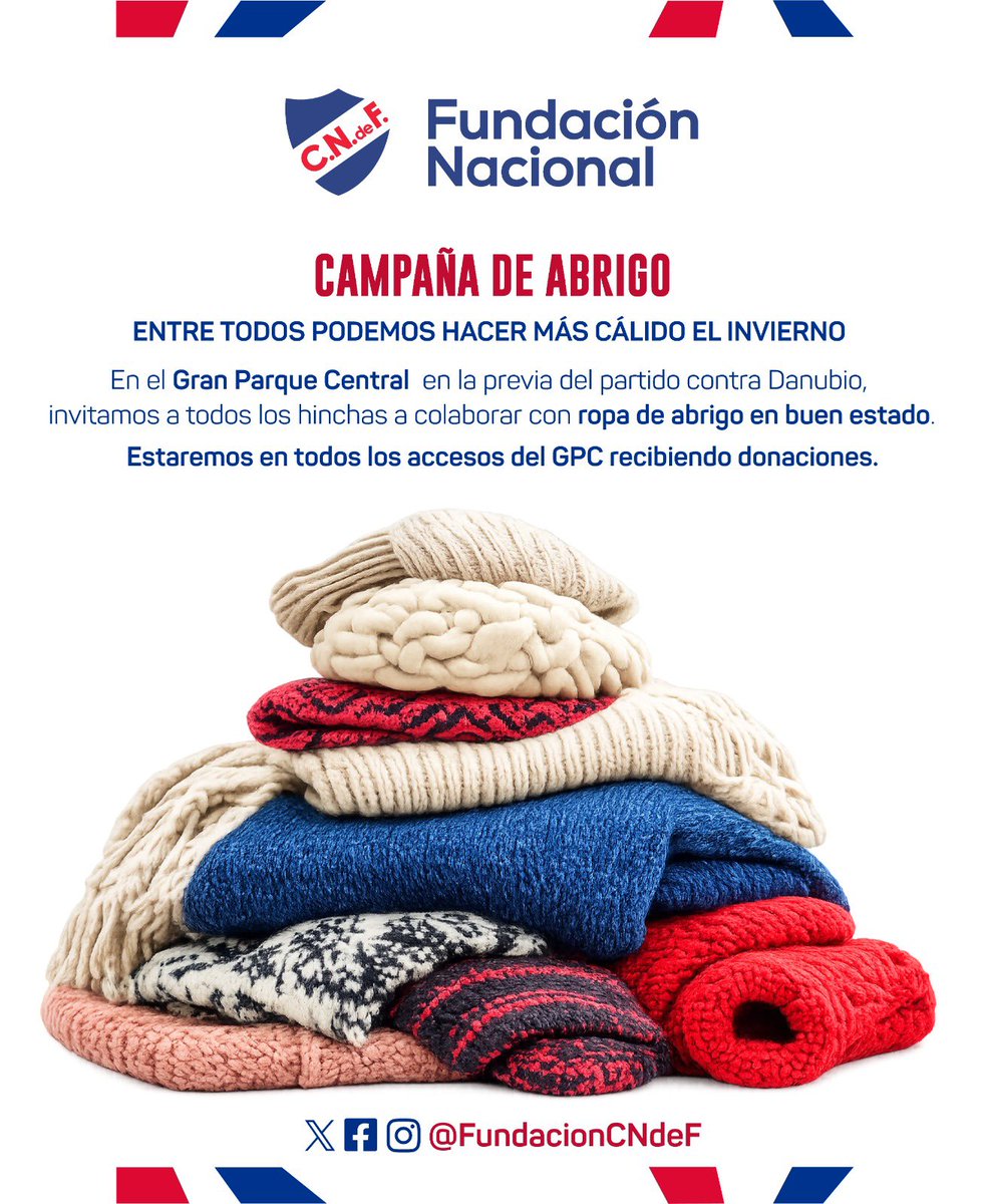 🧣El sábado 25 de abril, en la previa del partido ante Danubio, jornada de recolección de ropa de abrigo.

Las donaciones que se entregarán a familias y estudiantes de UTU y Centro Juvenil de Los Céspedes, con tu colaboración estarás ayudando a muchas personas que lo necesitan.🫂