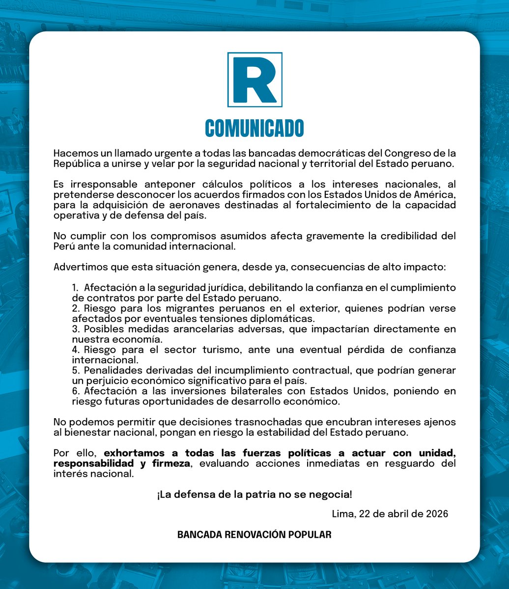 🚨 #Comunicado | La <a href="/bancada_rp/">Bancada Renovación Popular (Oficial)</a> exhorta a todas las bancadas democráticas a unirse y evaluar de inmediato las implicancias del no cumplimiento del contrato para la adquisición de los aviones F-16 por parte del Presidente de la República, y ponemos en conocimiento lo siguiente: