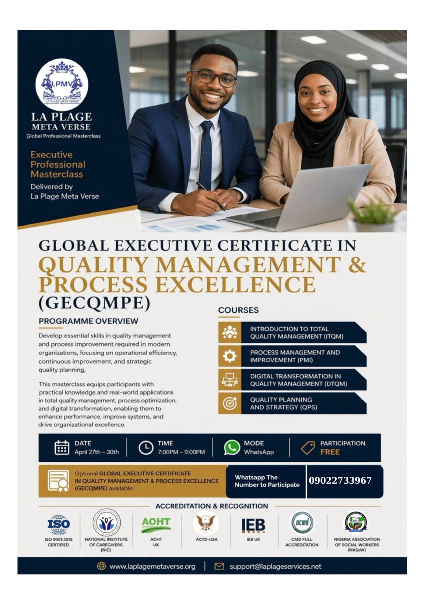 promisethegem's tweet photo. Bad processes kill good businesses.
Learn how to fix, improve & lead systems that actually work. 🎓
FREE 4-day masterclass on Quality Management & Process Excellence — globally accredited.
April 27–30 | 7–9PM | WhatsApp
👉 https://t.co/EQXPzQ7yg3
#ProcessExcellence #GECQMPE https://t.co/Y01liQtPcJ