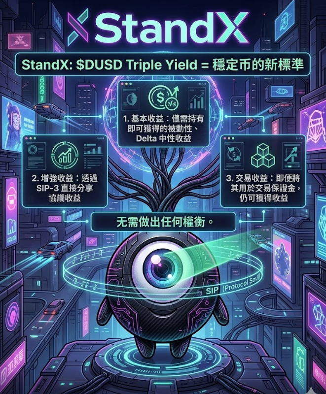 je_michelle's tweet photo. 🛡️ $DUSD Triple Yield = 稳定币的新标
三大收益： 
🌱 持有即生息 (被动 Delta 中性) 
🚀 协议分润 (SIP-3 增強收益) 
⚔️ 边交易边赚 (作為保證金照样计息)
资金不闲置，這就是 StandX 的标准。
 #StandX #TripleYield @StandX_Official https://t.co/OgMhVUK2LG