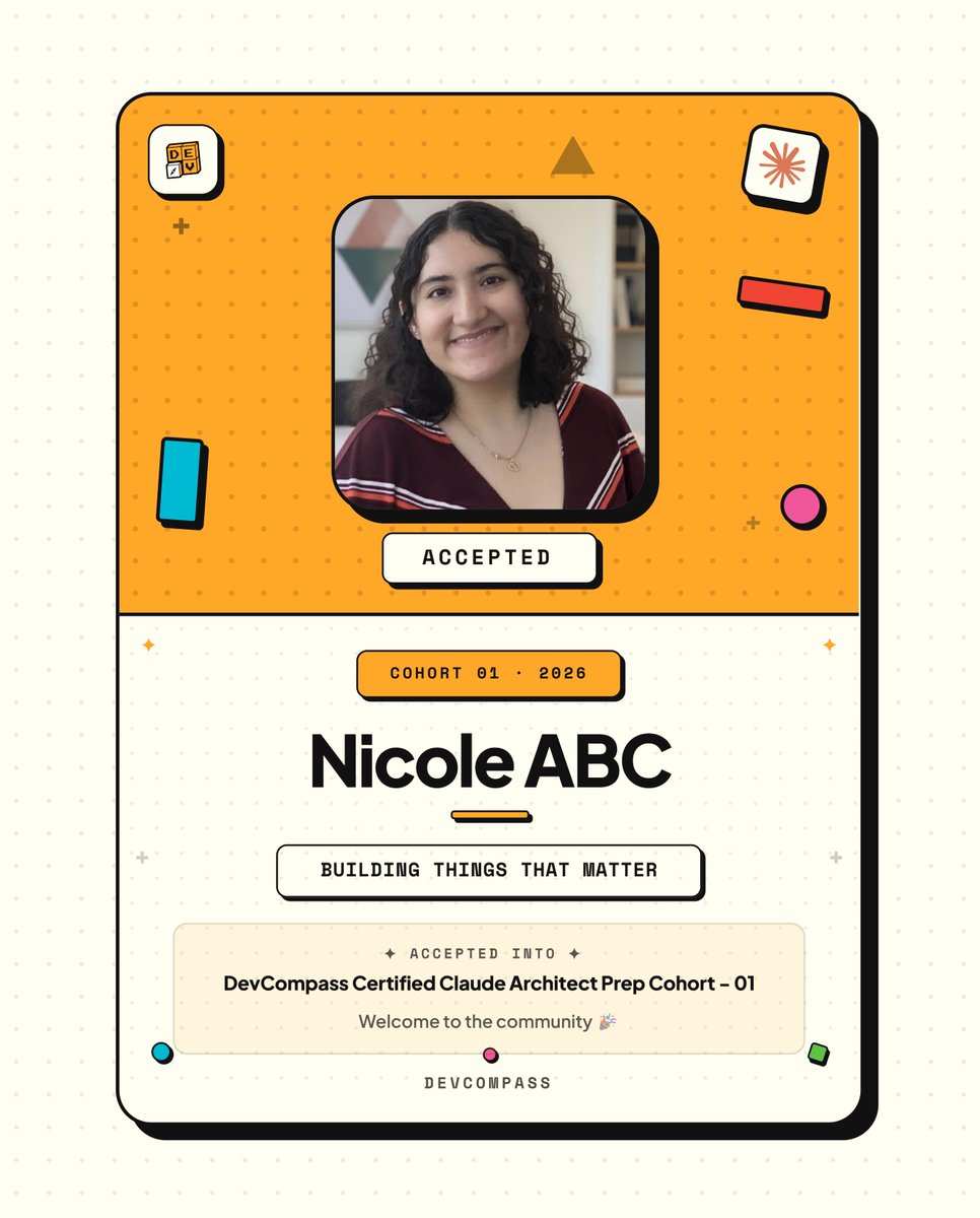 NicoleABC_'s tweet photo. Excited and thankful for this opportunity to keep learning! @the_devcompass ✨ https://t.co/jkzxillfJ4