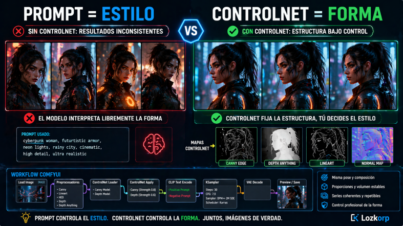 lozkorp's tweet image. ⚙️ Serie ComfyUI (XI) - ControlNet
Si quieres controlar la forma real, necesitas otra capa:

👉 ControlNet

El prompt define el estilo.
ControlNet define estructura, pose, bordes y volumen.
Lo explicamos aquí 👇
lozkorp.com/single-post/se…

#ComfyUI #ControlNet #AIArt #GenerativeAI