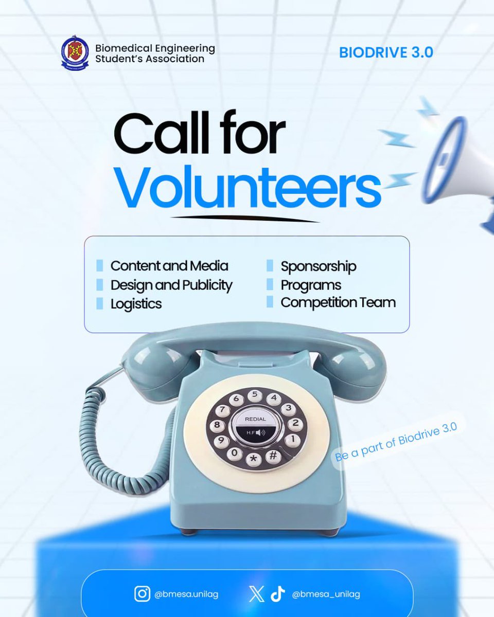 bmesa_unilag's tweet photo. Call for Volunteers! π’βοΈ
BIODRIVE 3.0 is loading. Help us make this the most impactful edition yet.
Donβt just watch innovation β be part of Biodrive 3.0 π
Apply: https://t.co/ELO4IG10kK
#BMESA #Biodrive3 #VolunteersNeeded #UnilagEngineering #Innovation https://t.co/34FldCSHoy