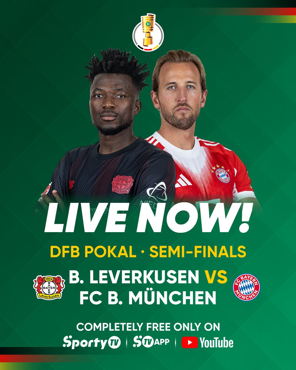 SportyTV's tweet photo. LIVE NOW ON SPORTYTV! 🇩🇪🚨

DFB Pokal semi-final! 🏆💥
Bayer Leverkusen 🆚 Bayern Munich 🤩

Who’s going to the final?

Find out on SportyTV, the SportyTV App or our YouTube channel! 📺📲
🔗 https://t.co/r0JtI0gLnd https://t.co/ulrOnZnX1F