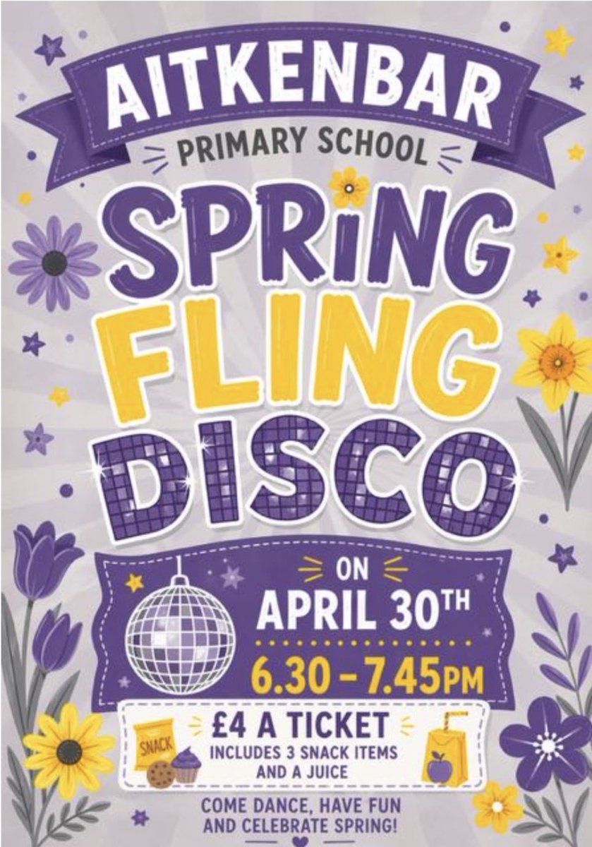 AitkenbarPS's tweet image. We’re delighted to share the details of our Spring Fling Disco on Thursday 30th April 6:30-7:45pm 💃🪩🕺 Tickets can be purchased at the school office or on Parent Pay 🎟️ Each ticket is £4 and this includes 3 snack items &amp;amp; a drink 🍬 🍫 🧃 #partytime #disco