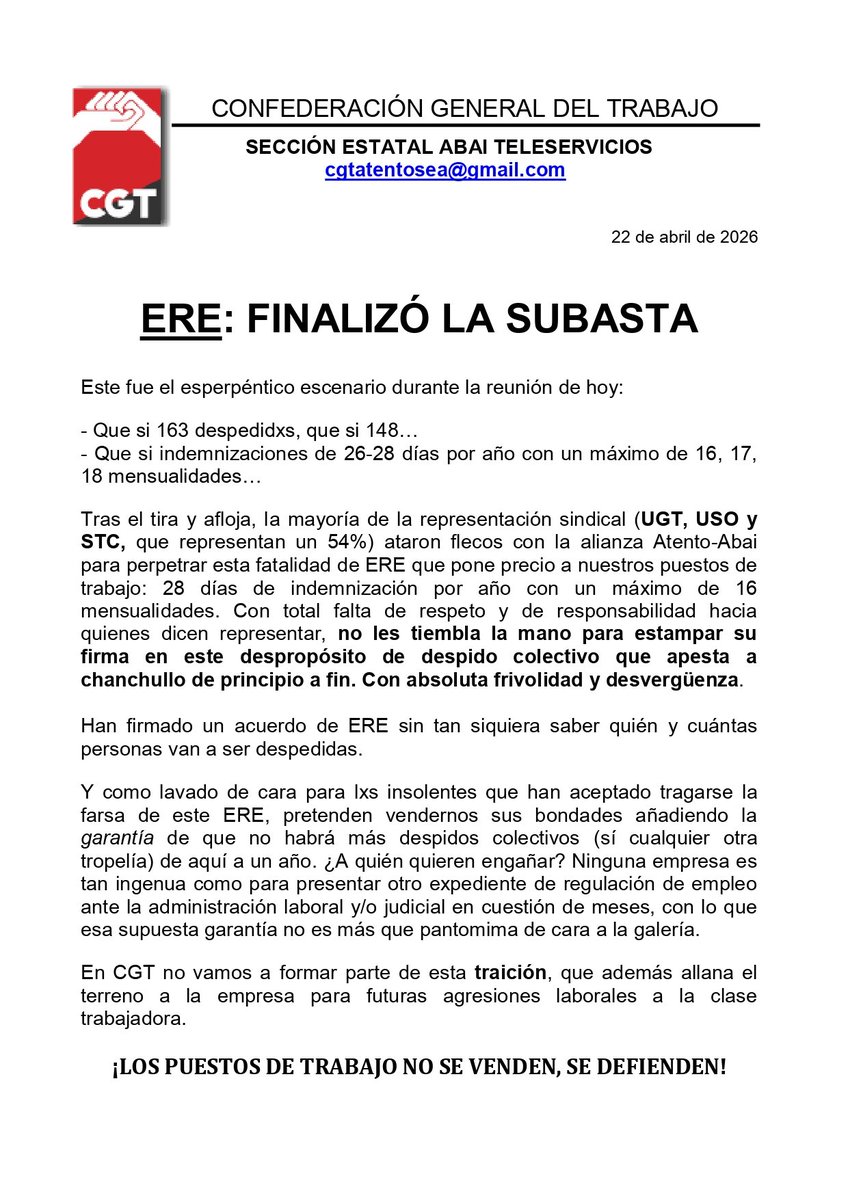 Fin de la subasta con vergonzosa firma de UGT, USO y STC: 28 días con un máximo de 16 mensualidades.                                                                             CGT no formará parte de esta traición, que allana el terreno  para futuras agresiones laborales.