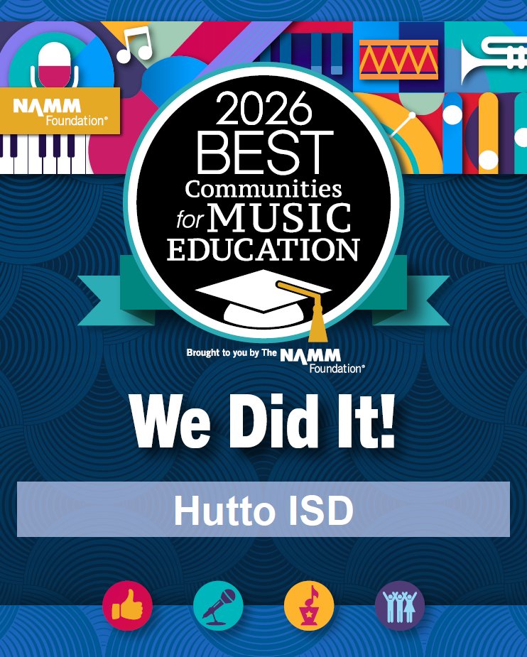 JoeRushTX's tweet photo. Hutto ISD is named one of the 2026 #BestCommunitiesForMusicEducation by @NAMMFoundation!
Congratulations to our music students, teachers, and the
entire Hutto community.  We're proud to celebrate the incredible musical work happening in our classrooms!
#HippoNation #BCME #TxEd https://t.co/ExPImiO3mm
