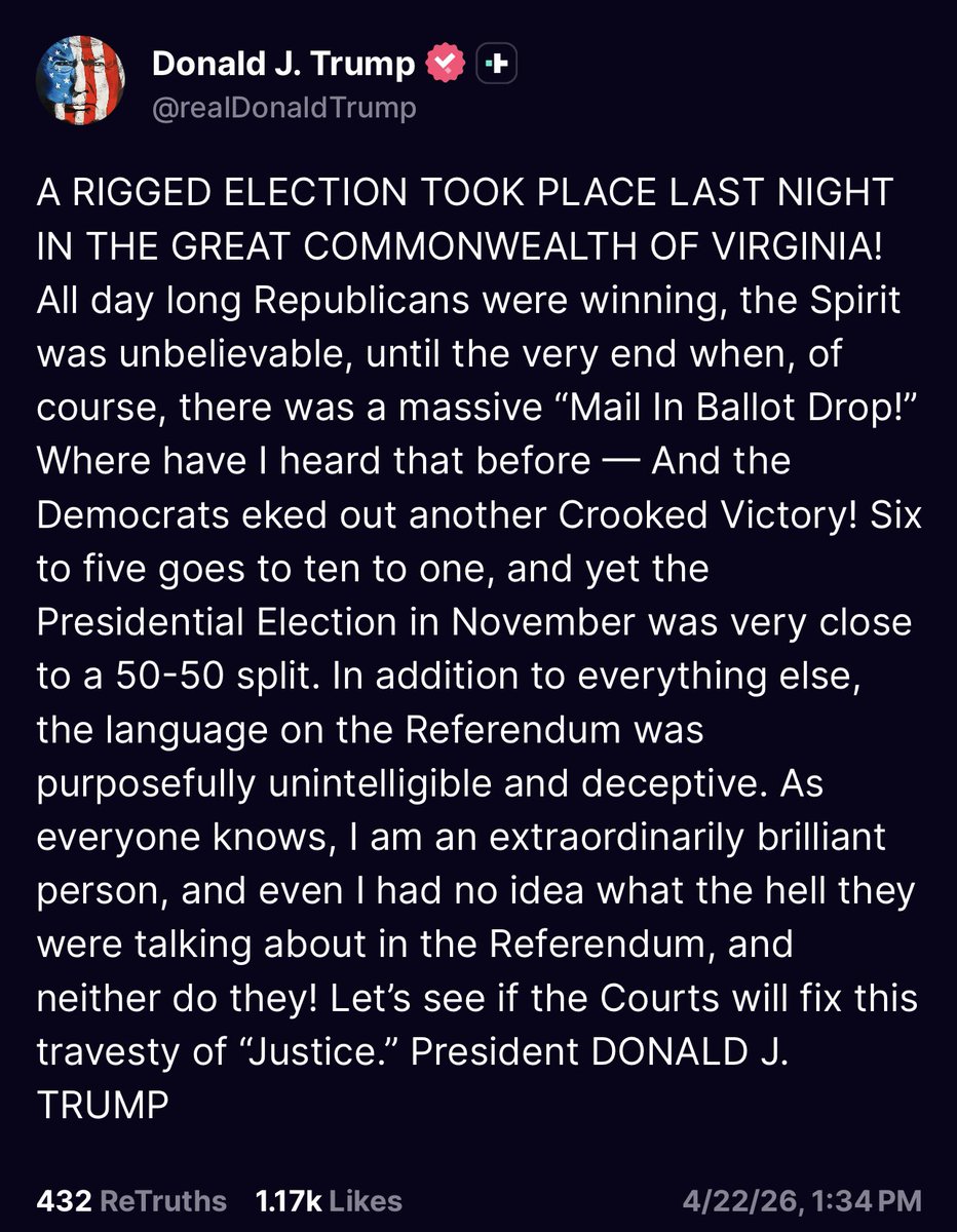 Konjoyan's tweet image. 🏆Award for funniest tweet today:

"As everyone knows, I am an extraordinarily brilliant person..."

😂

#Trump #Virginia #House #Rigged