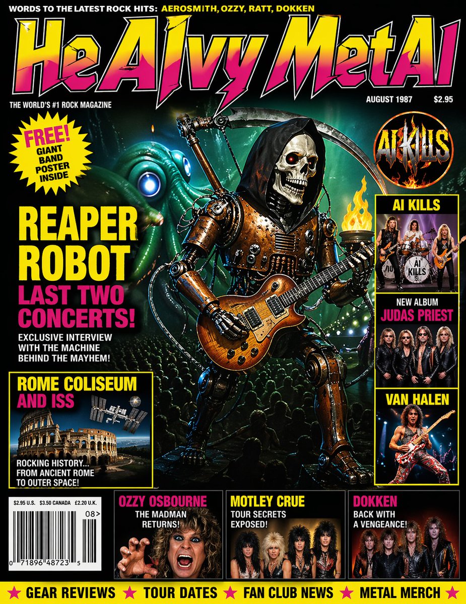 ai_kills's tweet image. Have you tried it yet? New #gpt2image is pure 🔥FIRE🔥 ... I would totally be buying this magazine -- if only ... lol HeAivy MetAi  from the #80s oh yeah #music