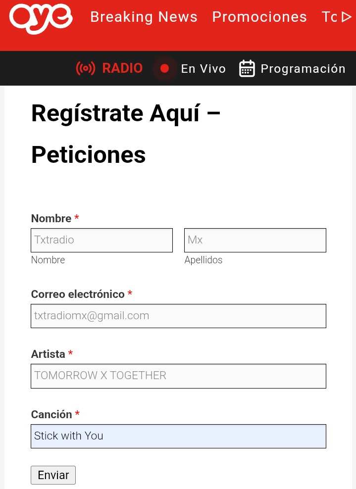 🔴⚫🟣| Solicitud web  OYE 89.7 

Ingresa al siguiente sitio y  solicita #StickWithYou de <a href="/TXT_bighit/">TXT OFFICIAL</a> para que pueda sonar en la radio 📻 

🔗 Petición web aquí 
oyedigital.mx/peticiones/

Deja tus capturas ⤵️ 
#TXT #TOMORROW_X_TOGETHER