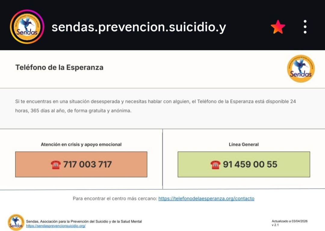 Asoc_Sendas's tweet photo. Teléfono de la esperanza.
#PrevenciónSuicidio 
Si te encuentras en una situación desesperada y necesitas hablar con alguien. https://t.co/9PTJf3XoQM