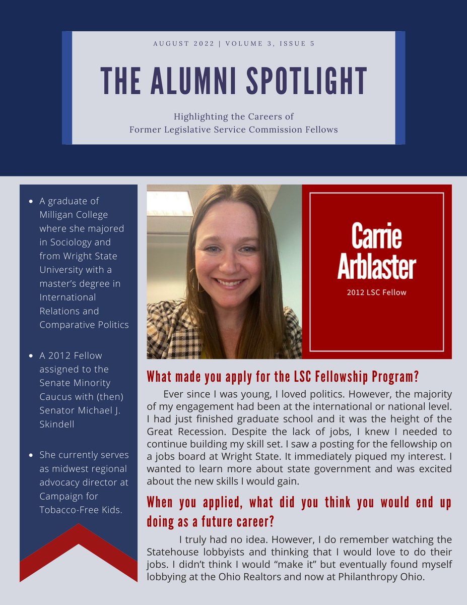 OLSCFellowship's tweet photo. Happy #MondayMemories! Carrie Arblaster was a 2012 Fellow assigned to the Senate Minority Caucus. She graduated from Milligan College and Wright State University. 
#lscfellowship #stategovernment #publicservice #ohio #alumnispotlight https://t.co/rtDxaOsGmT