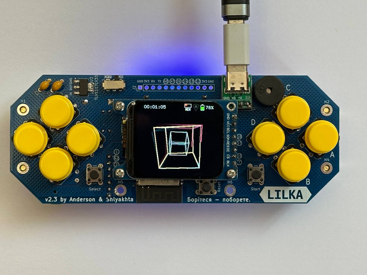 SolderDemon's tweet photo. Having fun with Lilka - a Ukrainian DIY console powered by ESP32-S3 and running Keira OS (FreeRTOS-based). Small, open source, and very hackable. Grab a kit or assembled version at https://t.co/USziSj958f https://t.co/VL2MV6CRqq