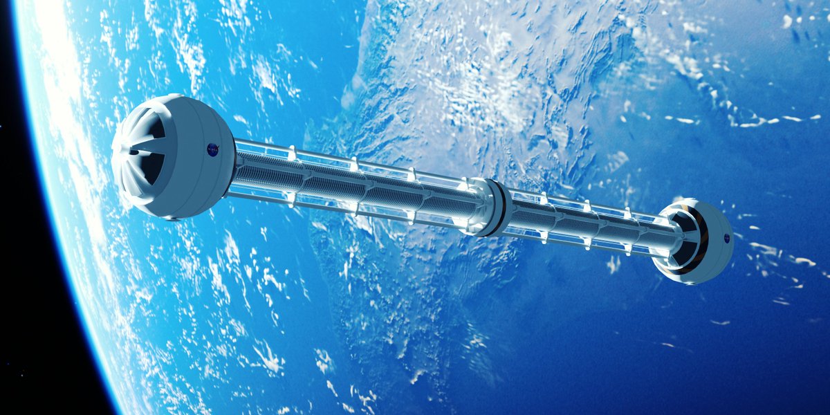 ToughSf's tweet image. A dumbbell-shaped space station that I think spins end-over-end to generate 1g gravity in its habitation modules.
#space #art by byrner201
deviantart.com/byrner201/art/…