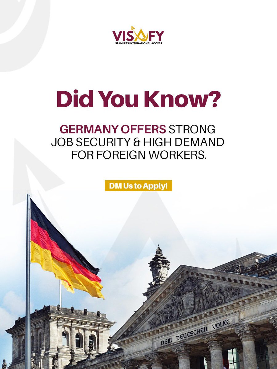 Visafylv's tweet image. Did You Know?  

Germany Offers Strong Job Security &amp;amp; High Demand for Foreign Workers! 🇩🇪  

With skilled-worker shortages across tech, healthcare, engineering, and trades, Germany is actively hiring global talent.

DM is to apply!  

#Visafy #JobsInGermany #WorkInGermany