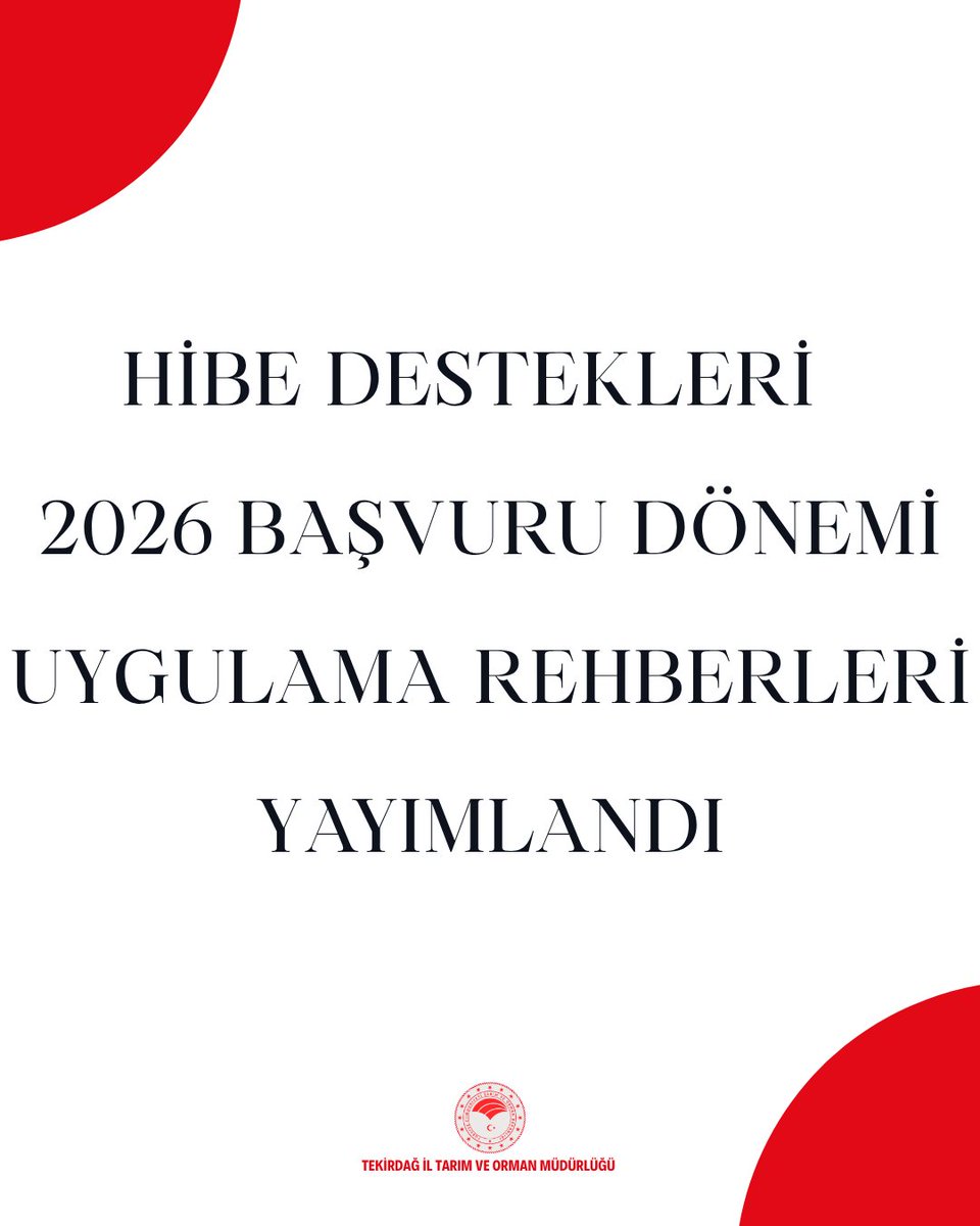 📢Hibe Destekleri 2026 Başvuru Dönemi Uygulama Rehberleri yayımlandı.

📌Uygulama Rehberleri ve eklere ulaşmak için Tekirdağ İl Tarım ve Orman Müdürlüğü web sayfası duyurular bölümünü ziyaret edebilirsiniz.

<a href="/TCTarim/">T.C. Tarım ve Orman Bakanlığı</a> 
<a href="/ibrahimyumakli/">İbrahim Yumaklı</a> 
<a href="/mehmetaksoy1972/">Mehmet Aksoy</a>