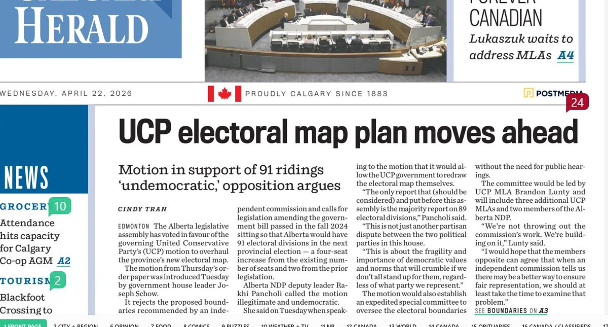 kyall's tweet image. The 5 major daily newspapers in Alberta are still covering the UCP's plans to gerrymander Alberta's electoral boundaries on their front pages. 

Look at that headline: "UCP to redraw map."

Not an independent commission - their scheme is politically directed. The fix is in.