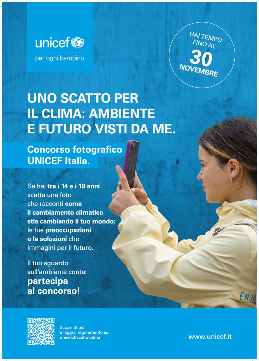 UNICEF_Italia's tweet photo. Al via la 2° edizione di "Uno scatto per il clima", il concorso UNICEF riservato ai giovanissimi (14-19 anni) per raccontare in foto come il clima, cambiando, cambia anche le loro vite.

Scopri come partecipare
👇
https://t.co/60PnX40Cqm

#EarthDay 🩵🌍
#CambiamoAria https://t.co/srgrVNKLbR