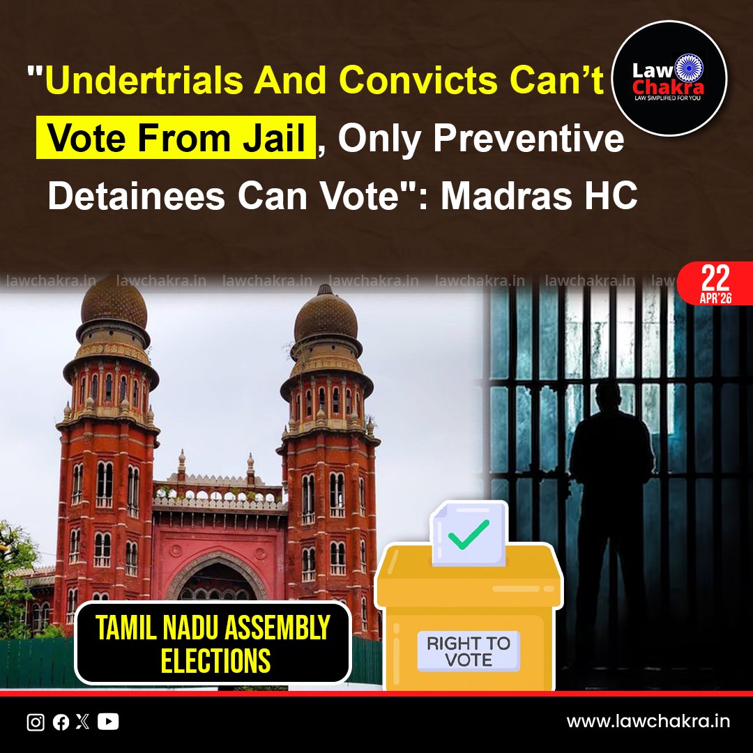 LawChakra's tweet image. Madras High Court dismissed detainee Hari Nadar plea to vote in 2026 Tamil Nadu elections. Bench led by S.A. Dharmadikari cited bar under Section 62(5) Representation of the People Act, 1951.
Read More At: lawchakra.in/high-court/und…
#madrashc #jail #jail #legalnews #latestnews