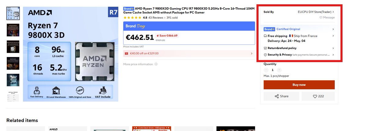 val_n22's tweet photo. @Mieoliie @_MR_P7 @sieur_pc En gros tu dois regarder le vendeur, juste au dessus du bouton "Buy now". Celui-ci par exemple je te le recommande à 100%, c'est à lui que j'ai acheté mon CPU :) https://t.co/uxDqB1wybk