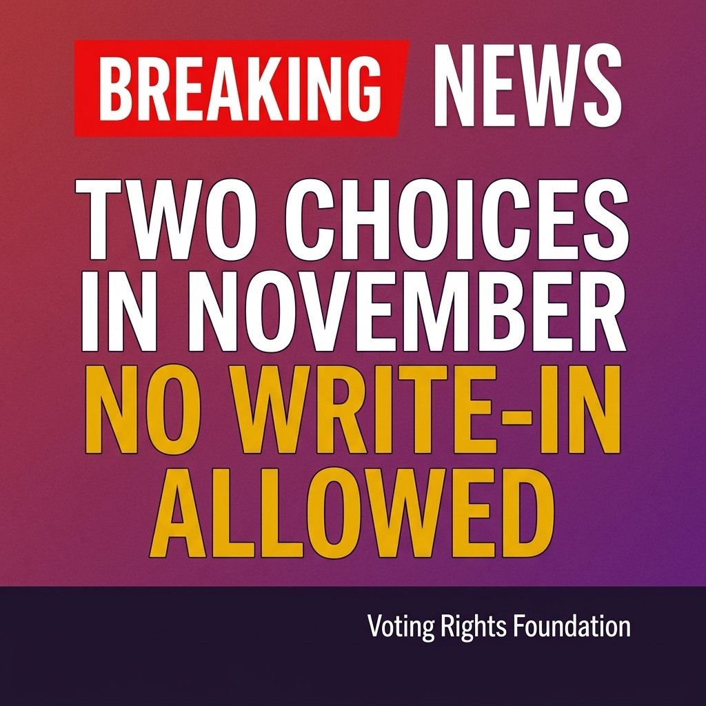 TWO CHOICES IN NOVEMBER / NO WRITE-IN ALLOWED

In California's top-two system, the November general election offers exactly two choices — and zero write-in space. If your candidate didn't make the top two in June, you have no options in November. Not even a write-in. The ban has