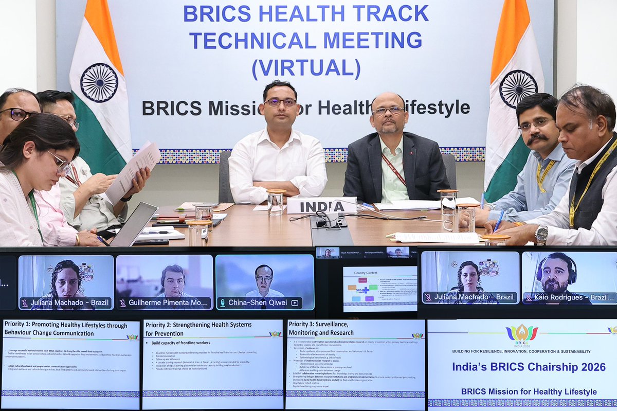 MoHFW_INDIA's tweet photo. The first virtual technical meeting on the BRICS Mission for Healthy Lifestyle, convened by FSSAI under the Ministry of Health & Family Welfare, Govt. of India, brought together BRICS nations to deliberate on promoting healthy lifestyles, strengthening health systems, and addressing the rising burden of NCDs. Key discussions were led by Shri Harsh Mangla, Joint Secretary, Ministry of Health & Family Welfare, Dr. L Swasticharan, Addl.DDG and Dr. Satyen Kumar Panda, Advisor, FSSAI, reflecting a shared commitment to tackling non-communicable diseases, including obesity, and advancing a collective vision for a healthier future across BRICS countries and beyond.

#BRICS2026
#GlobalCooperation
#IndiaHosting