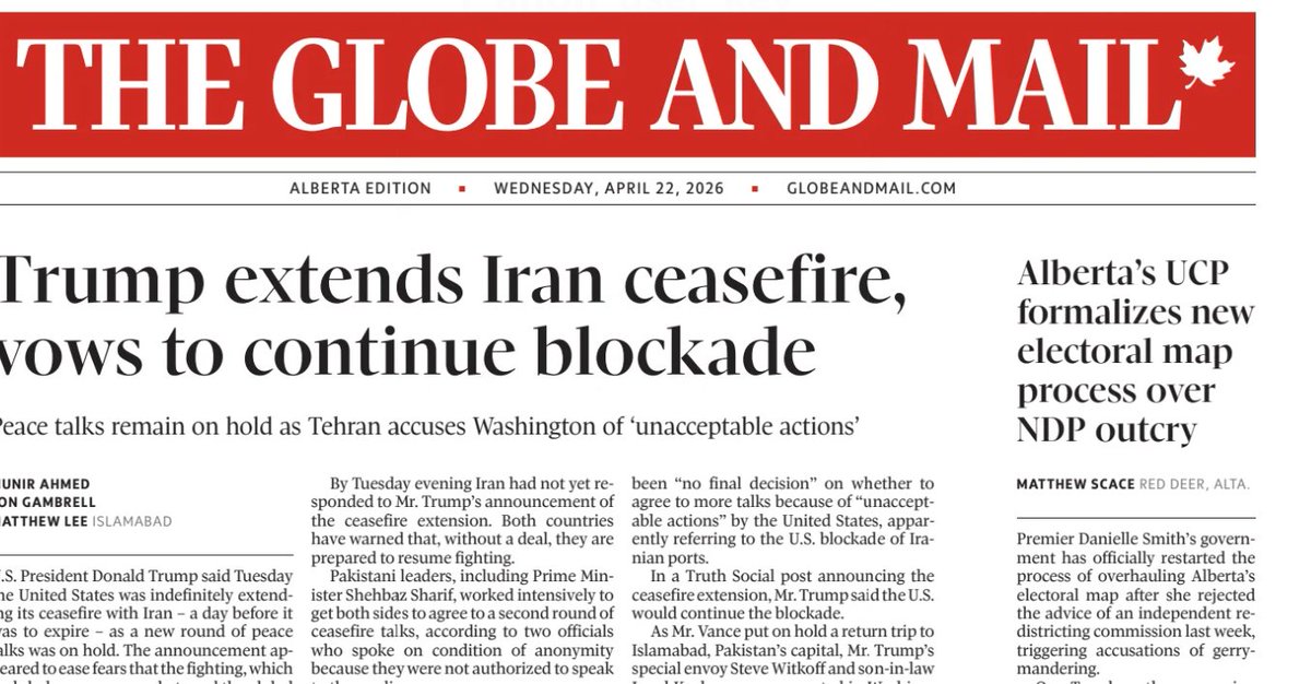 kyall's tweet image. The 5 major daily newspapers in Alberta are still covering the UCP's plans to gerrymander Alberta's electoral boundaries on their front pages. 

Look at that headline: "UCP to redraw map."

Not an independent commission - their scheme is politically directed. The fix is in.