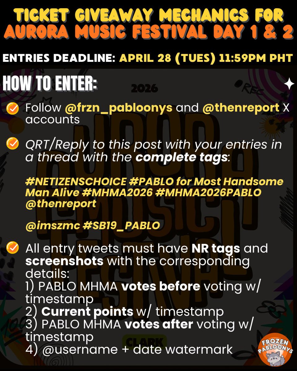 frzn_pabloonys's tweet photo. 🎟️ GIVEAWAY ALERT 🎟️

1 WINNER will take home Aurora Music Festival DAY 1 &amp; 2 GOLD Tickets! 💙

Big thanks to ninang @intoimszmc 😘

📌 GA Deadline: 
11:59PM, April 28 🇵🇭

📸 Full mechanics below!
✅ QRT/reply your entry posts with complete Pablo NR tags to join ⬇️

GOOD LUCK 🍀 https://t.co/JdGFyDxQLZ