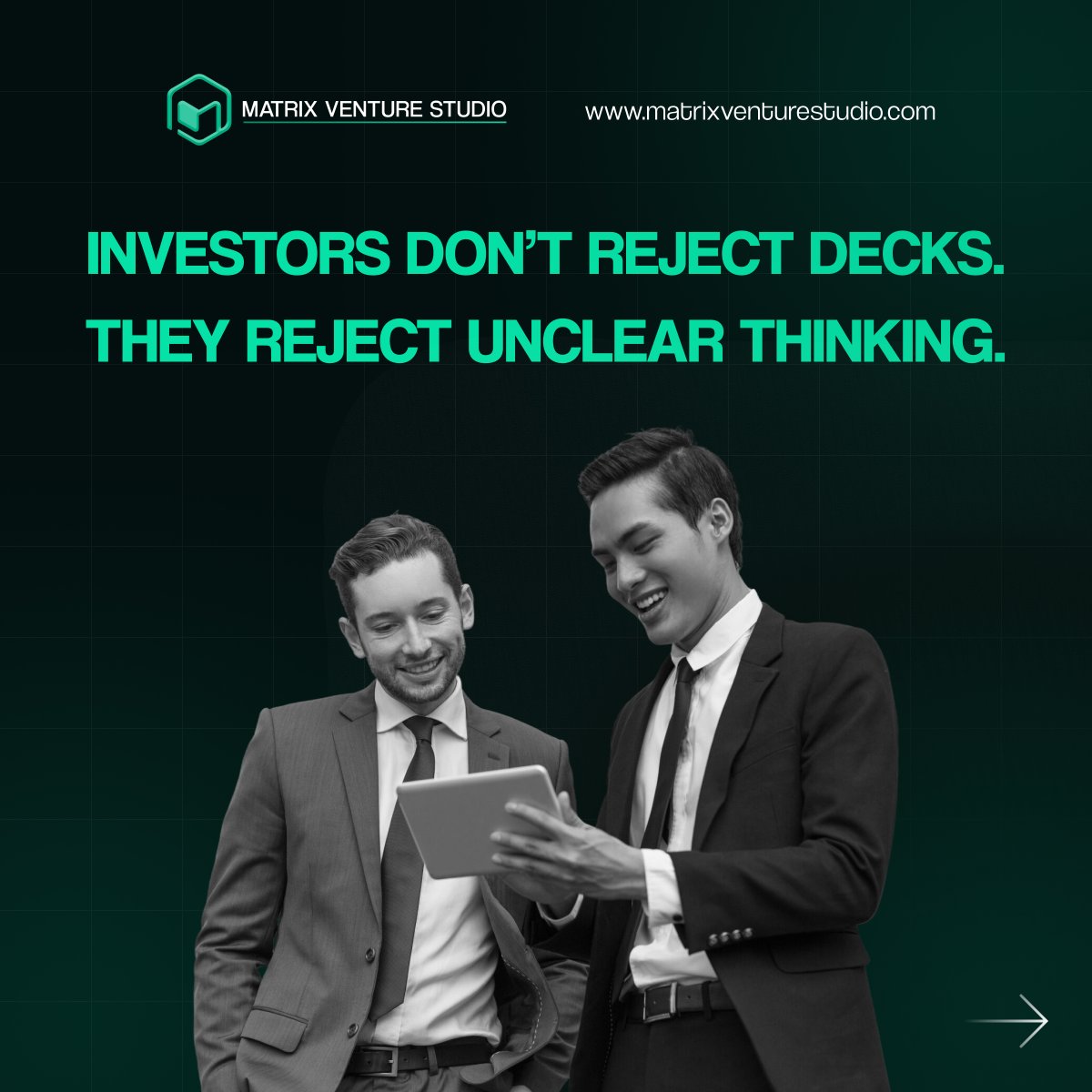 Matrixventure_'s tweet photo. Design doesn’t get you funded.
Clarity does.
Investors aren’t judging slides.
They’re judging thinking.

If your logic is weak,
no design will save it. https://t.co/j1eP8AE2Rg