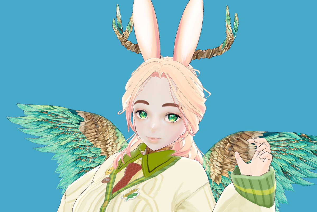 reader_pull's tweet image. VRoid進捗🎨
迷宮だったお洋服は無理せず結ぱんやさんの制服セットにお着替え✨
一気に可愛くなった…！

服以外は頑張って
🐰 兎の耳
🦌 鹿の角
🪽 キジの翼
🦷 犬歯（見えない！）
ヴォルパーティンガー要素を入れました
幻獣っぽさ出てきたかな？

 #VRoid #VRChat #monchouchou