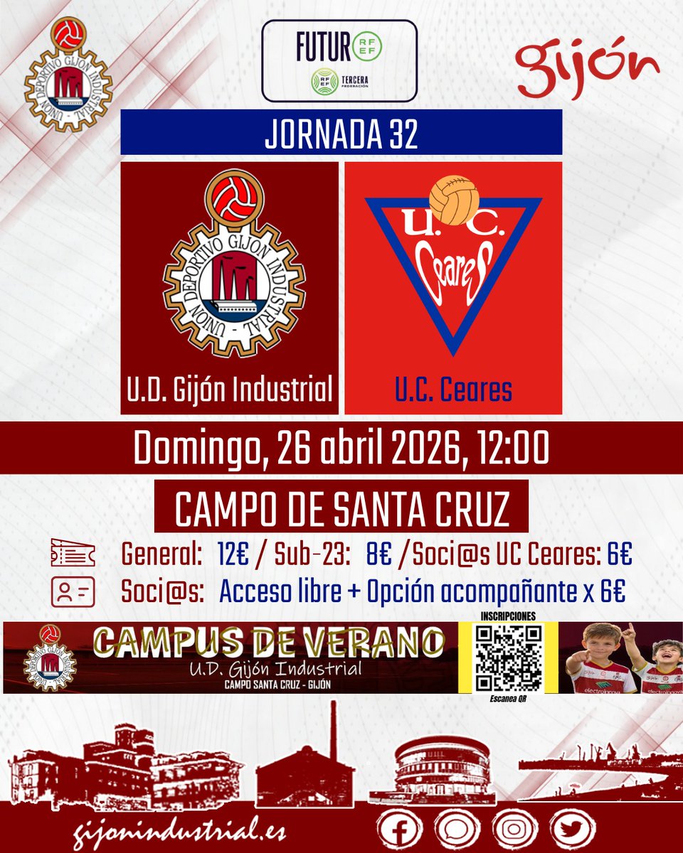 GijonIndustrial's tweet photo. 🔴⚪ PRIMER EQUIPO | TERCERA RFEF

🔥 𝗗𝗘𝗥𝗕𝗜 𝗖𝗢𝗡 𝗦𝗔𝗕𝗢𝗥 𝗔 𝗙𝗜𝗡𝗔𝗟 🔥

Domingo 26 de abril, 12:00

🔴⚪ U.D. Gijón Industrial 🆚 U.C. Ceares 🔴🔵 

📍🏟️Campo de Santa Cruz

https://t.co/XQCU8r9g77 https://t.co/RzQyl5TJjV