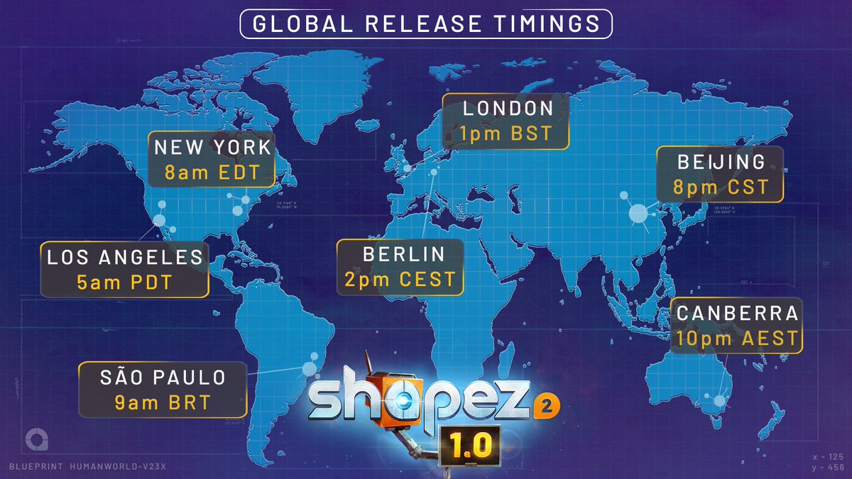 tobspr's tweet photo. shapez 2 is releasing in 1.0 tomorrow, April 23, at 2PM CEST! Check the map to see how that translates to your time zone. ⬇️

Be there or be RyRyRyRy 🟨! https://t.co/jWATw8TTUn