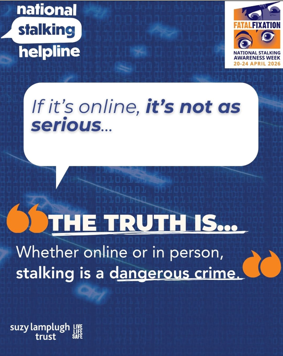 SafeguardOldham's tweet photo. Stalking doesn’t just happen in person. Digital stalking can include tracking your location, monitoring socials, or repeated messages. Online abuse is real. Get support this National Stalking Awareness Week: https://t.co/gyOpLyvIsV https://t.co/wwyNaxsHz0