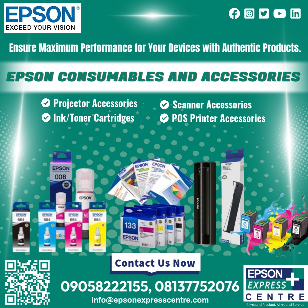 Epsonexpress's tweet photo. Keep your devices performing at their best with genuine Epson Consumables and Accessories

 Contact Us Now: 
09058222155 | 08137752076
info@epsonexpresscentre.com
https://t.co/7FaGcC9rIF

Support Centre @
37, Bode Thomas Street, 
Surulere, Lagos

Blessing CEO School Buju https://t.co/OOLXjaH6IE