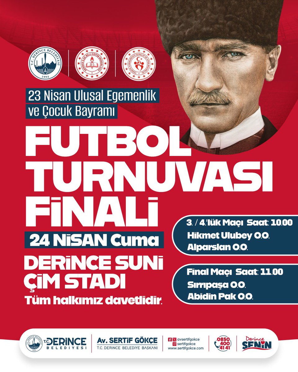 derincebelediye's tweet photo. 23 Nisan coşkusu sahaya taşınıyor! 🇹🇷⚽️

Minik sporcularımızın heyecanına ortak olmak için sizleri Futbol Turnuvası Finali’ne bekliyoruz. 💪💯

����Tüm halkımız davetlidir.

#DerinceSenin https://t.co/CQdTR4gqbk