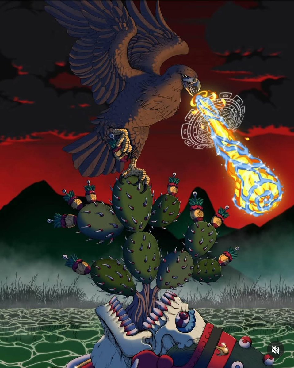 ALuCard1569's tweet photo. @Tougi_mahjong Es el escudo de guerra del pueblo Azteca un águila parada sobre un nopal y de su boca sale el río de agua y fuego de la muerte y la destrucción pero también de la purificación, saludos desde México 🇲🇽🇲🇽🇲🇽 https://t.co/7aRTrhIMGg