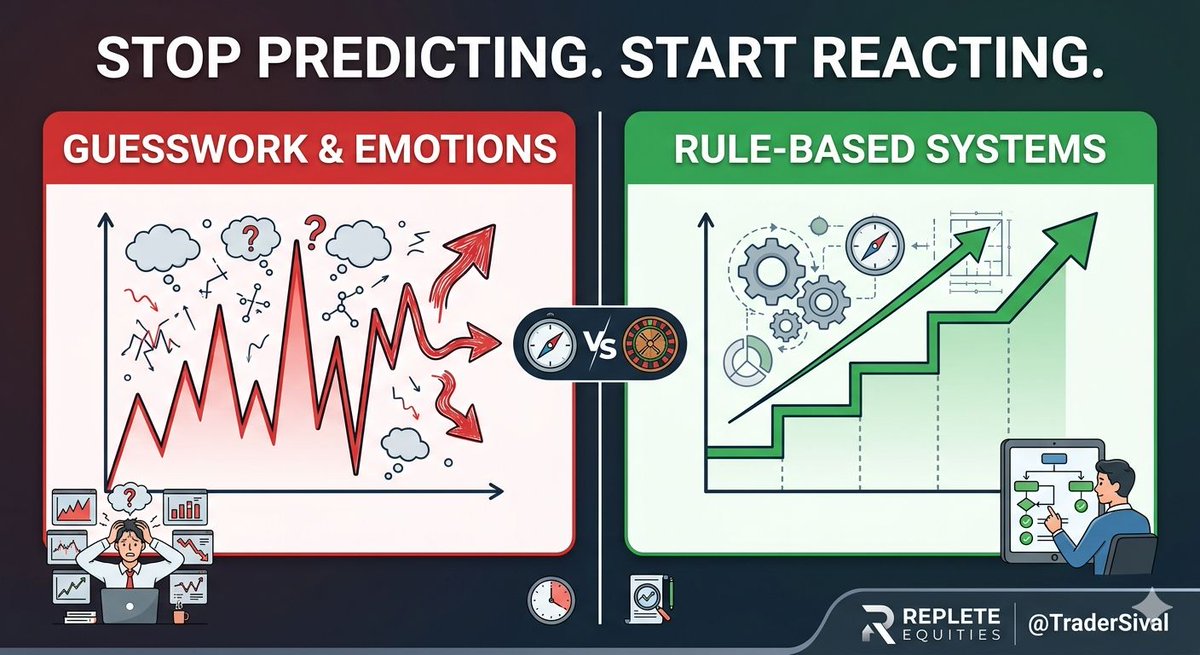 TraderSival's tweet photo. 𝗪𝗵𝘆 𝗠𝗼𝘀𝘁 𝗢𝗽𝘁𝗶𝗼𝗻 𝗧𝗿𝗮𝗱𝗲𝗿𝘀 𝗦𝘁𝗮𝘆 𝗕𝘂𝘀𝘆... 𝗕𝘂𝘁 𝗗𝗼𝗻’𝘁 𝗚𝗿𝗼𝘄

Yesterday we shared a live strategy framework in HDFCBANK and a strong execution day.

But here’s the deeper truth:

Many traders are active every day…
yet remain stuck for years.

𝗪𝗵𝘆?

Because activity is not the same as progress.

𝗠𝗼𝘀𝘁 𝘁𝗿𝗮𝗱𝗲𝗿𝘀 𝗿𝗲𝗽𝗲𝗮𝘁 𝘁𝗵𝗲𝘀𝗲 𝗰𝘆𝗰𝗹𝗲𝘀:

* Random entries
* Oversized positions
* No setup framework
* Emotional exits
* Switching strategies weekly

𝗪𝗵𝗮𝘁 𝗔𝗰𝘁𝘂𝗮𝗹𝗹𝘆 𝗖𝗿𝗲𝗮𝘁𝗲𝘀 𝗖𝗼𝗻𝘀𝗶𝘀𝘁𝗲𝗻𝗰𝘆:

✔ Repeatable setups
✔ Defined risk trades
✔ Position sizing discipline
✔ Trade journaling
✔ Patience when no setup exists

The market doesn’t reward busyness.
It rewards structure.

That is exactly what we focus on inside 𝗥𝗲𝗽𝗹𝗲𝘁𝗲 𝗘𝗾𝘂𝗶𝘁𝗶𝗲𝘀.

We help traders move from random execution to professional process.

If you are serious about building consistency in options trading:

𝗗𝗠 “𝗖𝗢𝗡𝗦𝗜𝗦𝗧𝗘𝗡𝗖𝗬”

#OptionsTrading #IntradayTrading #StockMarketIndia #OptionSelling #Nifty #BankNifty #RiskManagement #TradingPsychology #TradingDiscipline #DerivativesTrading #IndianStockMarket #ProfessionalTrading #RepleteEquities