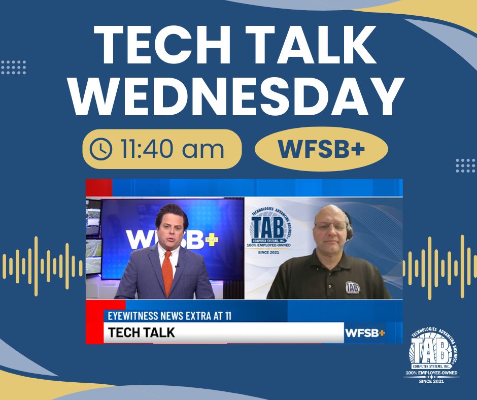 TABComputerSys's tweet image. Join Erik Semmell and Roger Susanin for an in-depth conversation about the latest technology stories hitting the news. This new segment will air on WFSB+ every Wednesday at 11:40 am. Be sure to tune in today!
#techtalkwednesday #itpartner #itserviceprovider #technews